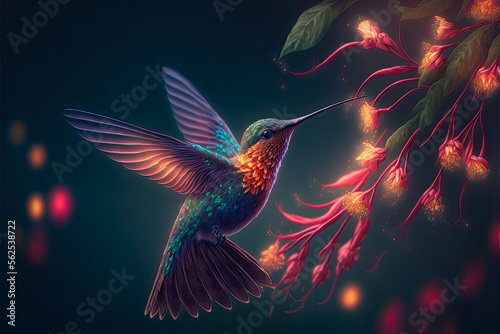 Bella ilustración donde un pájaro colibrí de llamativos colores esta bebiendo néctar de unas flores brillantes de fantasía mientras vuela. IA Generativa.
 photo