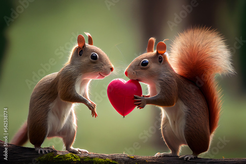 Zwei verliebte Eichhörnchen mit Herzluftballon. Verliebte Tiere zu Valentinstag. Generative Ai photo