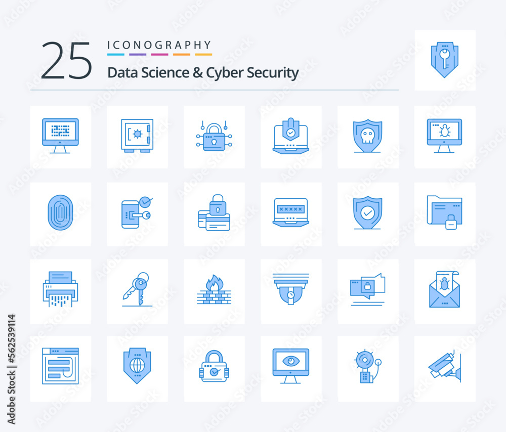 Data Science And Cyber Security 25 Blue Color icon pack including laptop. computer. security. antivirus. security