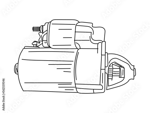 Hand drawn Detail of starter motor. Car Detail motor starter vector in doodle style isolated on white background. vector illustration