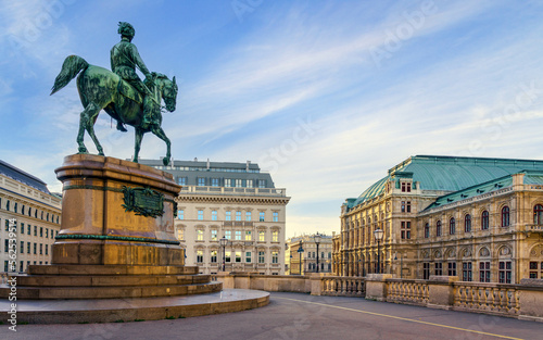 Vienna State Opera and equestrian statue of Archduke Albrecht, Duke of Teschen, Vienna, Austria.
