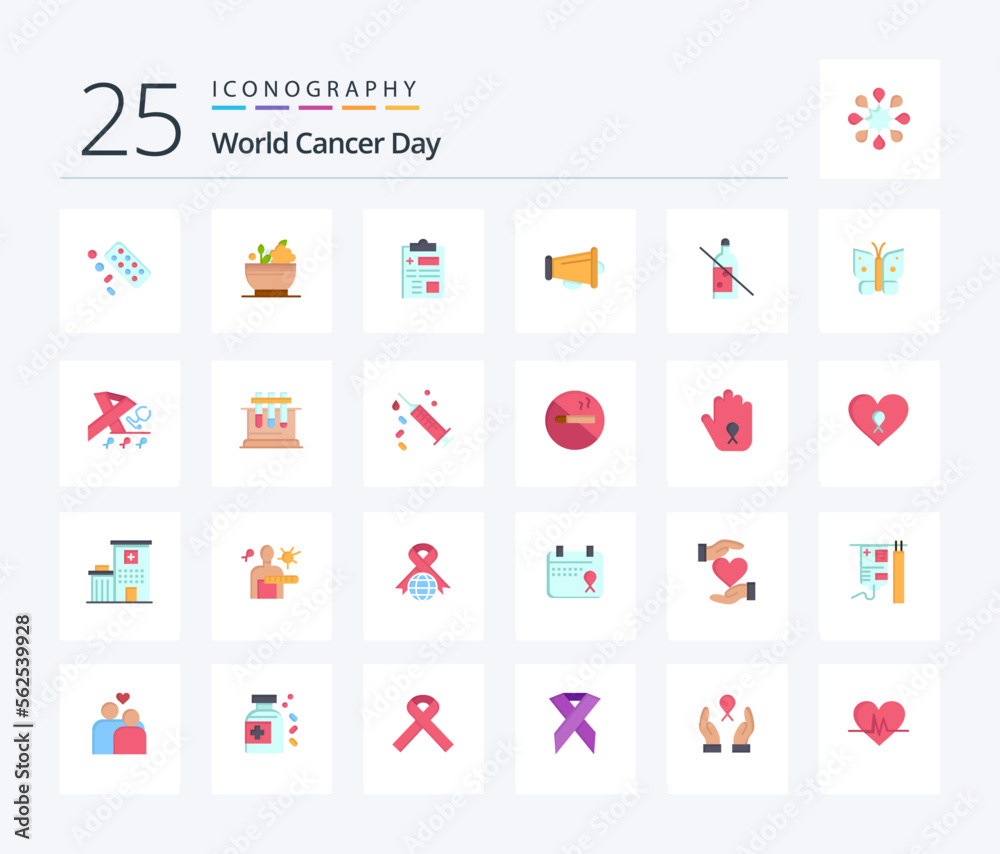 World Cancer Day 25 Flat Color icon pack including healthcare. record. medicine. report. cancer