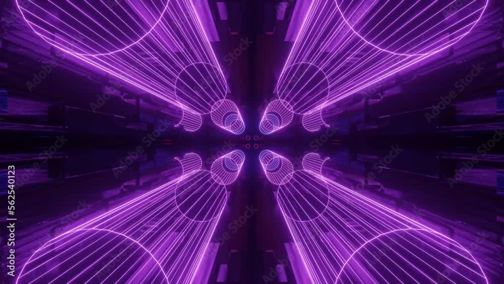 Glow sci fi symmetrical construction. Vj loop trendy neon tunnel. hi tech neon tunel. Sci-fi flight through cyberspace with symmetry. Video game or vj night club background with neon light.