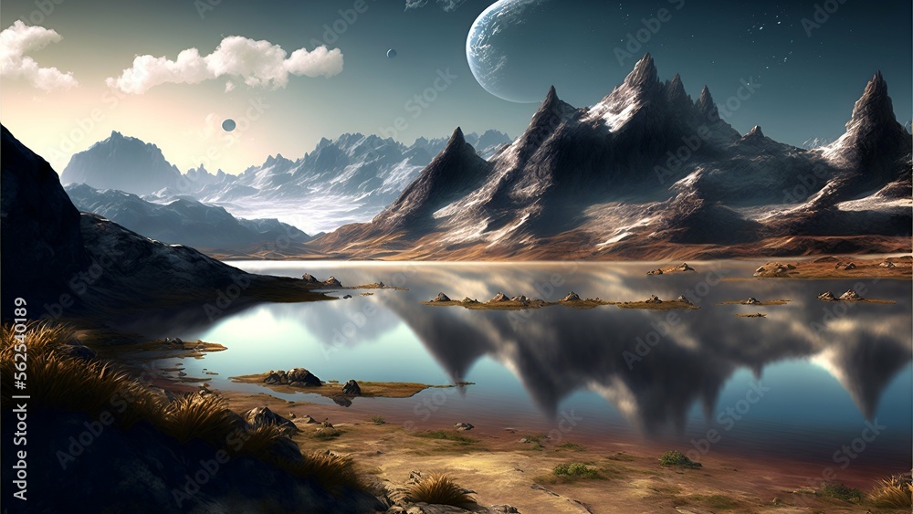 Mountain Landscape With Lake And Moon 8K Desktop Background - Wallpaper