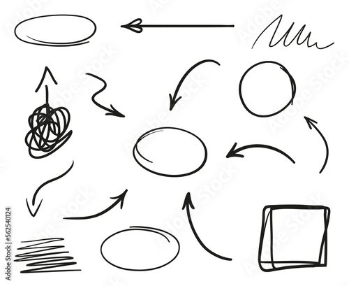Infographic elements on isolation background. Collection of arrows on white. Signs for design. Hand drawn simple pointers. Line art. Abstract circles. Doodles for work