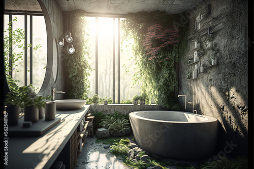 Modern bathroom interior with concrete and living wall. Minimalist brutalist design. Designed using generative ai.