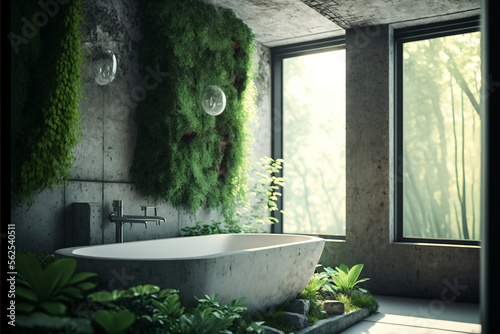 Modern bathroom interior with concrete and living wall. Minimalist brutalist design. Designed using generative ai.