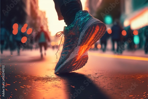 Running shoes in the street at sunset, generative ai