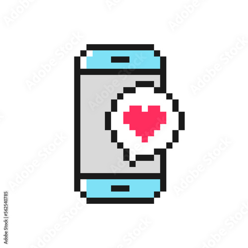 Smartphone with heart message pixel icon. Love symbol for Valentine's Day. Isolated on white background vector sign
