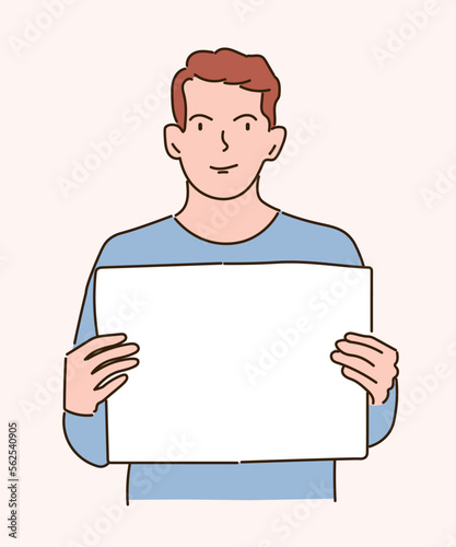 A man holds a piece of paper poster in his hands. A guy with a banner place to record. Vector graphics.