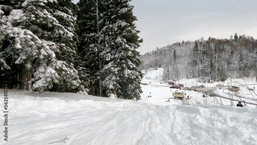 first-person shooting. a person descends on a snow slide in the mountains. first-person shooting. a person descends on a snow slide in the mountains.