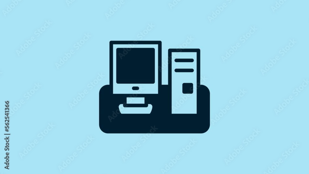 Blue Computer monitor with keyboard and mouse icon isolated on blue background. PC component sign. 4K Video motion graphic animation Blue Computer monitor with keyboard and mouse icon isolated on blue background. PC component sign. 4K Video motion graphic animation