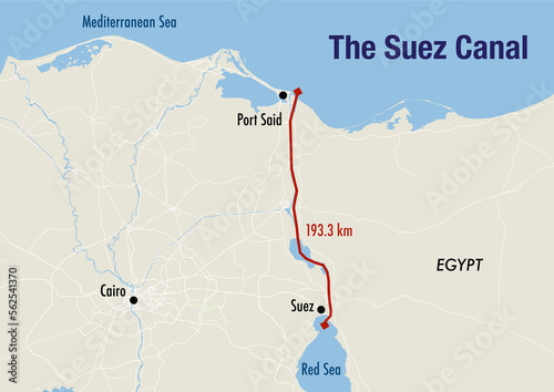 Tableau sur toile Map of the Suez canal, illustrating the route from the Mediterranean to the Red