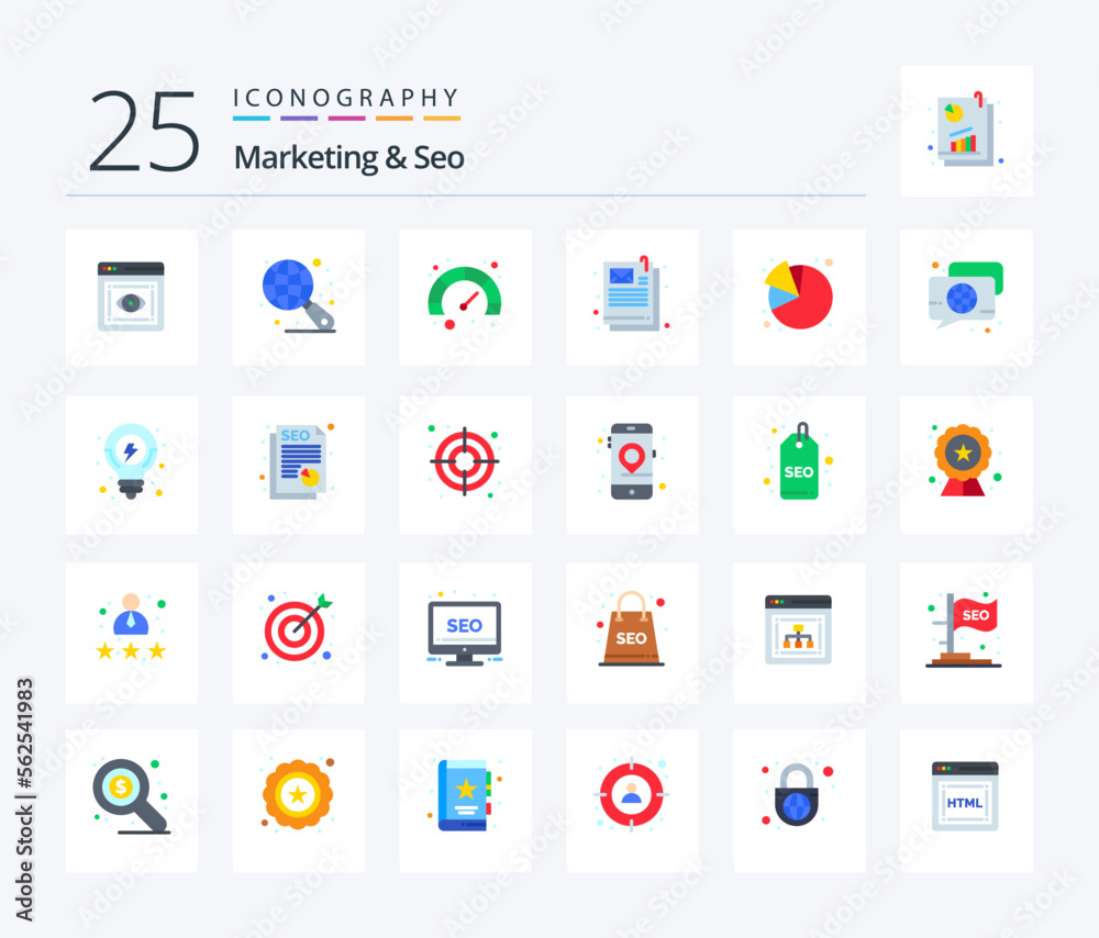 Marketing And Seo 25 Flat Color icon pack including chat. seo. seo. pie chart. marketing