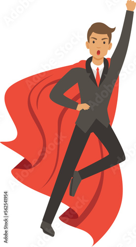 Powerful man in action superhero pose. Businessman in red cape character