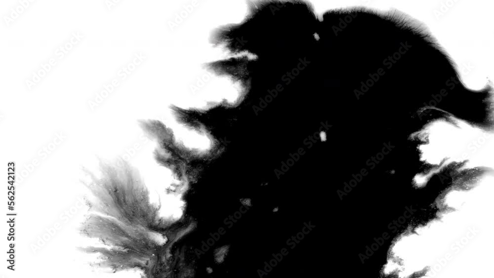 Black ink abstract background artistic flow splatter spots spills white paper beautiful reveal dripping streaks spread fluid ink alpha matte isolated watercolor ink drops transition