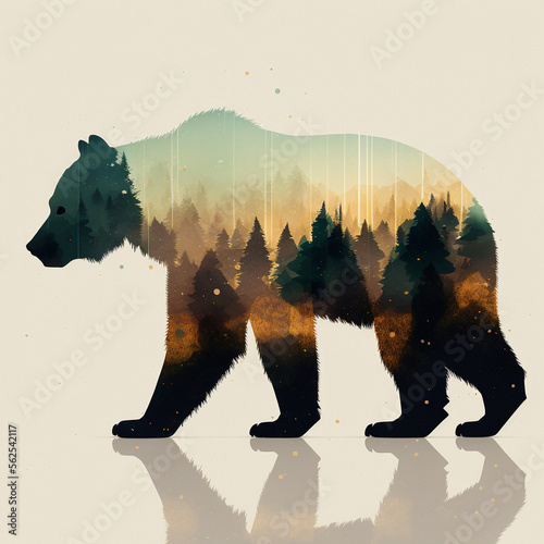 Silhouette of a bear with the image of a forest. High quality illustration