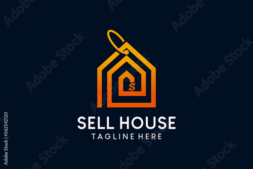 Creative line house price tag logo design, home property buying and selling logo