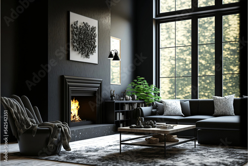 Highly detailed modern design living room with fireplace and black walls. Designed using generative ai