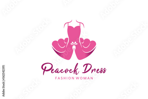 Peacock woman dress logo design, beauty fashion logo vector illustration