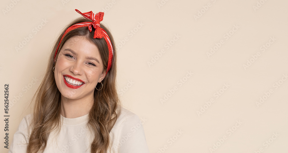 Crazy housewife with red lips and roller pin on isolated light brown background. Crazy housewife with red lips and roller pin on isolated light brown background.