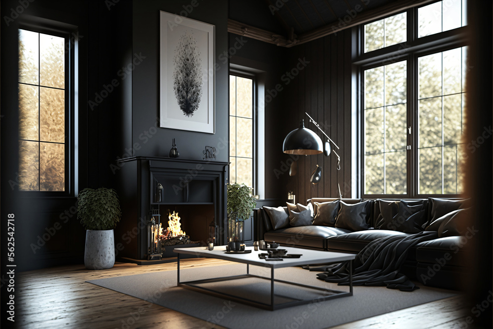Fototapeta premium Highly detailed modern design living room with fireplace and black walls. Designed using generative ai