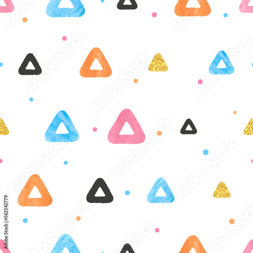 Seamless colorful pattern with watercolor triangles. Vector geometric illustration