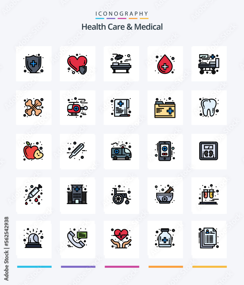 Creative Health Care And Medical 25 Line FIlled icon pack  Such As medical. bed. medical. medical. health