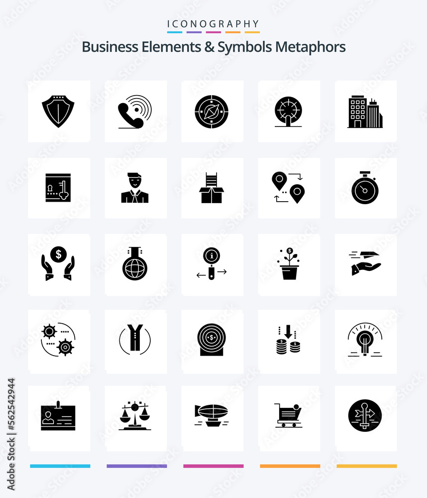 Creative Business Elements And Symbols Metaphors 25 Glyph Solid Black icon pack  Such As building. ship. signals. boat. location