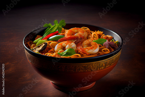 Schezwan noodles or szechuan vegetable. Illustration Generative AI photo