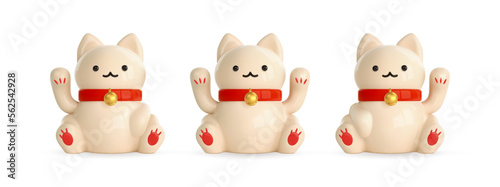 3d beckoning maneki neko. Set of lucky cat icons with raised paws. Symbol of wealth, good luck, luck. Isolated element of Asian design. Cartoon vector illustration. photo