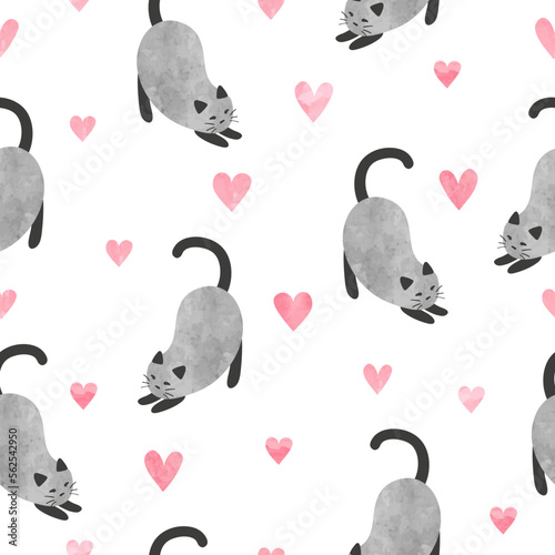 Cute cat pattern with hearts. Vector watercolor seamless kittens illustration