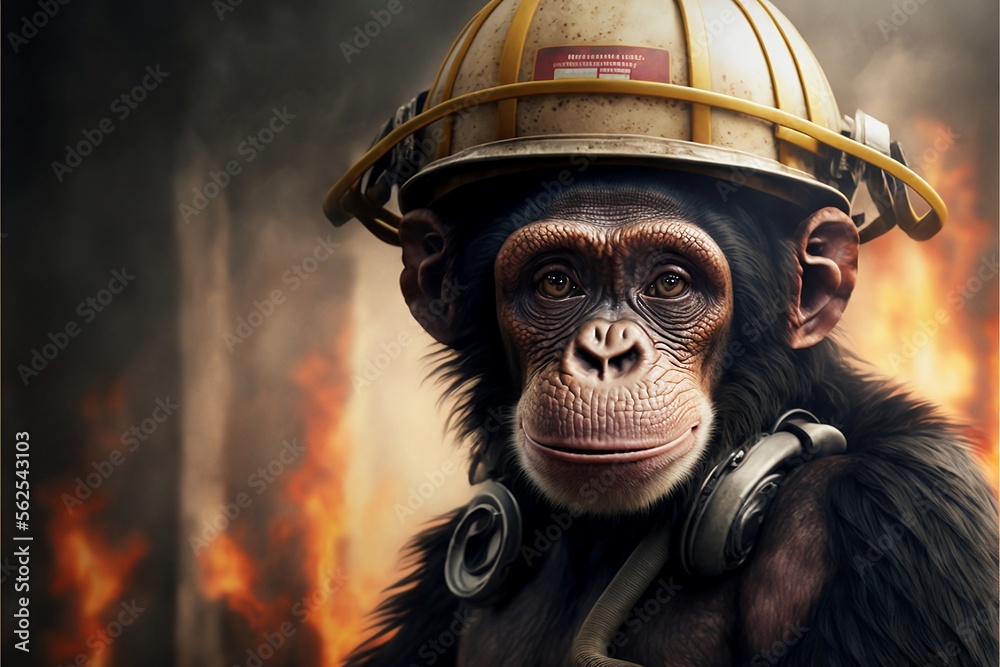 chimpanzee Wears fireman suit, Burning forest in the background ,photorealistic Portrait , Generative ai