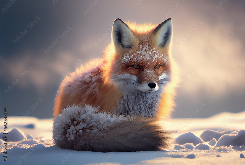 Obraz premium cute baby fluffy fox in snow winter. Illustration Generative AI