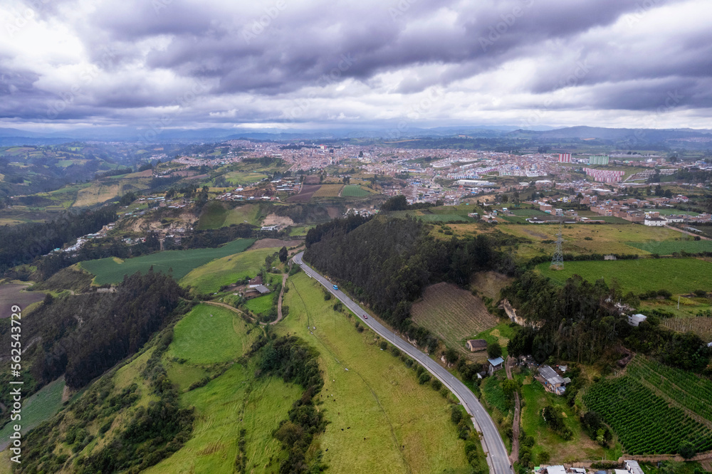 Aerial view of the farm landscape at Ipiales in southern Colombia, famous as the location of the beautiful Las Lajas Cathedral