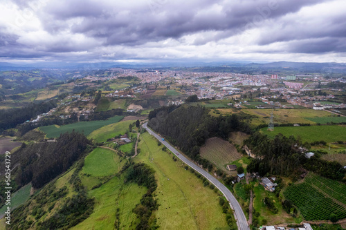 Aerial view of the farm landscape at Ipiales in southern Colombia  famous as the location of the beautiful Las Lajas Cathedral