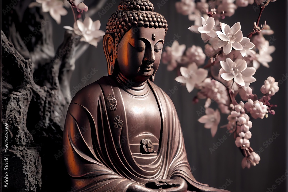 Buddha statue with cherry blossoms representing meditation and Zen. Generative AI