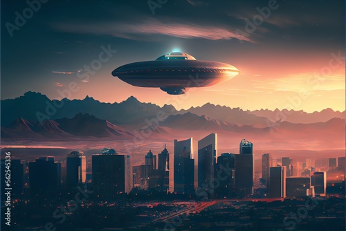 3D illustration of a UFO flying over a city.. Generative AI