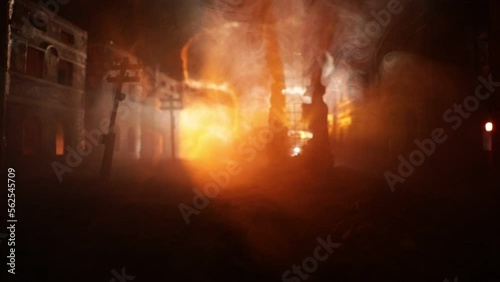 Nuclear war apocalypse concept. Explosion of nuclear bomb in city. City destroyed by atomic war. Creative artwork decoration in dark. Selective focus