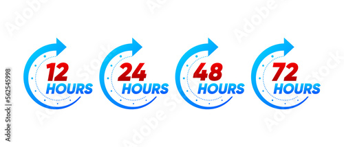 Clock icons 12 24 48 and 72 hours shipping. Fast delivery service website symbols, online deal remaining time. Service hours, business hours or shipping time symbol. Vector illustration. photo