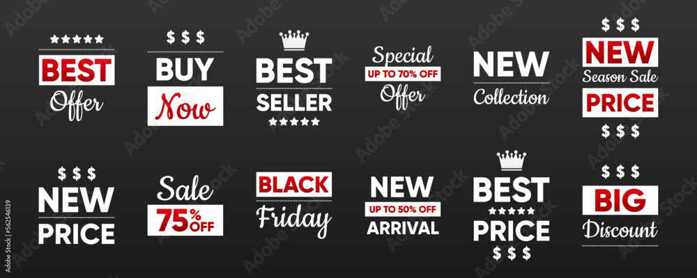 Price Tags collection. Special offer or shopping discount label. Mega sale or Best seller or Mega discount. Promotional sale badge with text. Vector illustration.