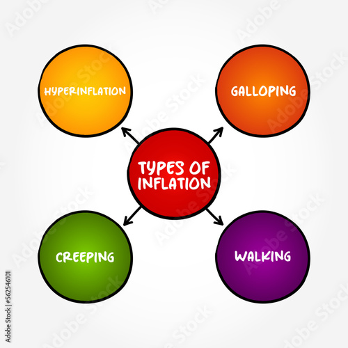 Types of Inflation (increase in the general price level of goods and services in an economy) mind map concept background