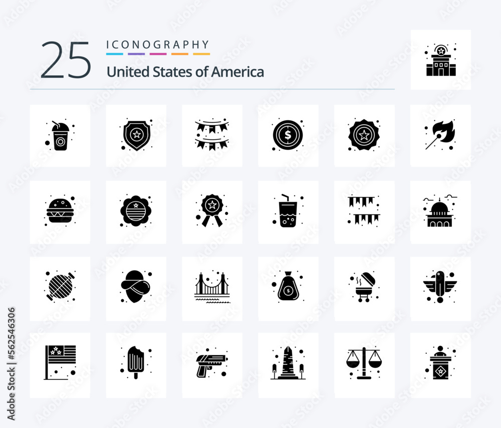 Usa 25 Solid Glyph icon pack including american. dollar. american. money. garland