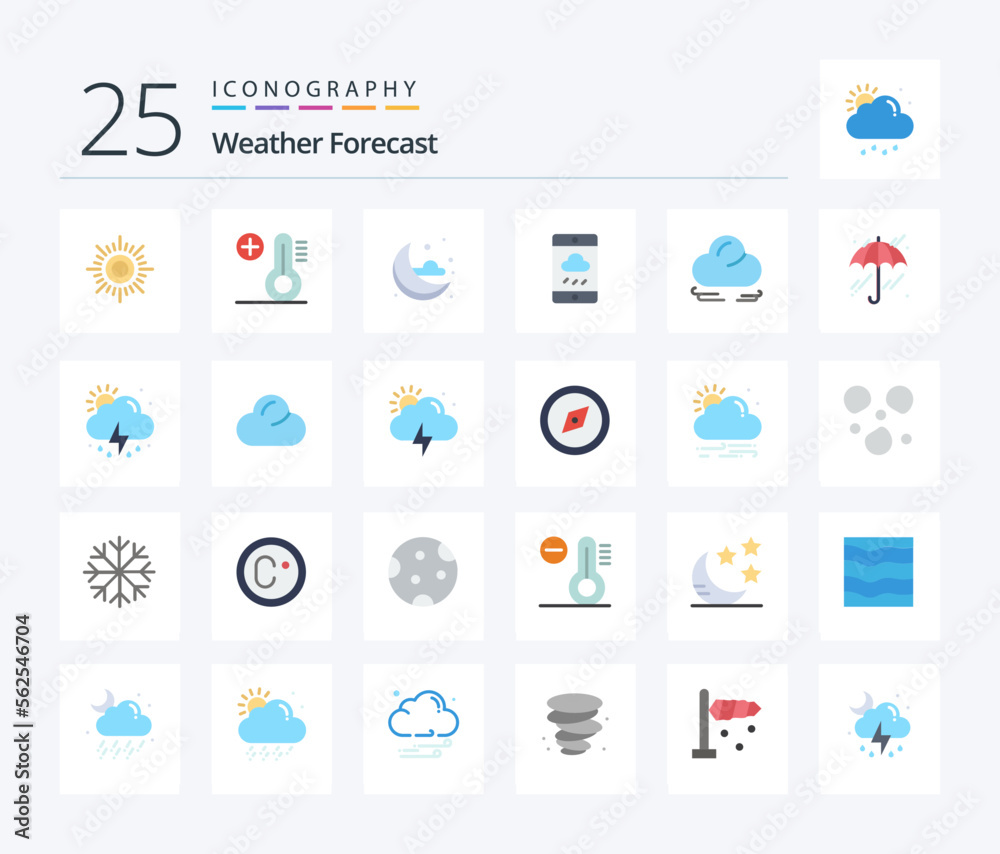 Weather 25 Flat Color icon pack including weather. crescent. weather. cloud. rain