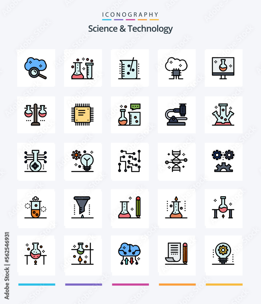 Creative Science And Technology 25 Line FIlled icon pack  Such As eco testing. biology. chemical lab. cloud software. cloud networking