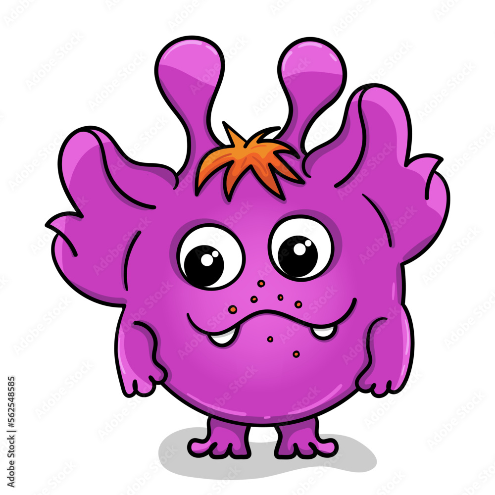 Purple monster with orange hair. Cute alien. An isolated microbe. 