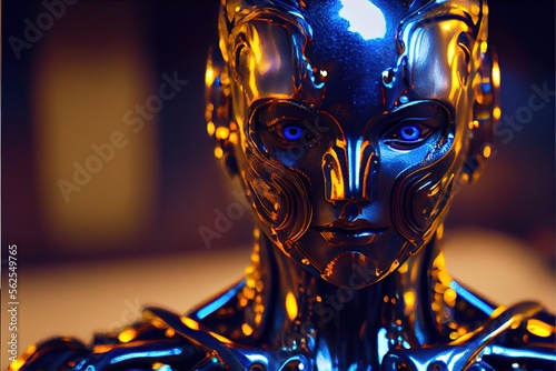 Futuristic rusty AI Android in cinematic lighting, photoreal, realism, porcelan skin created with generative ai technology