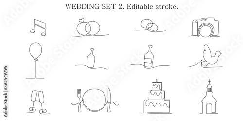 Decoration continuous line hand drawing elements set for wedding photo book, invitations. Vector stock illustration minimalism design isolated on white background. Editable stroke single line. 