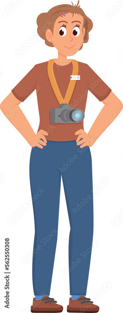 Professional photographer character. Cartoon woman with camera