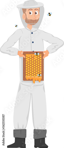 Beekeeper character hold honeycombs. Cartoon apiary worker
